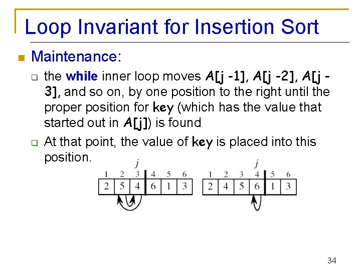 Loop Invariant for Insertion Sort n Maintenance: q q the while inner loop moves