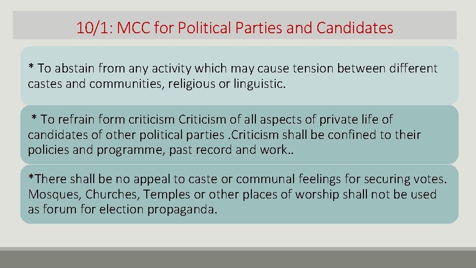10/1: MCC for Political Parties and Candidates * To abstain from any activity which