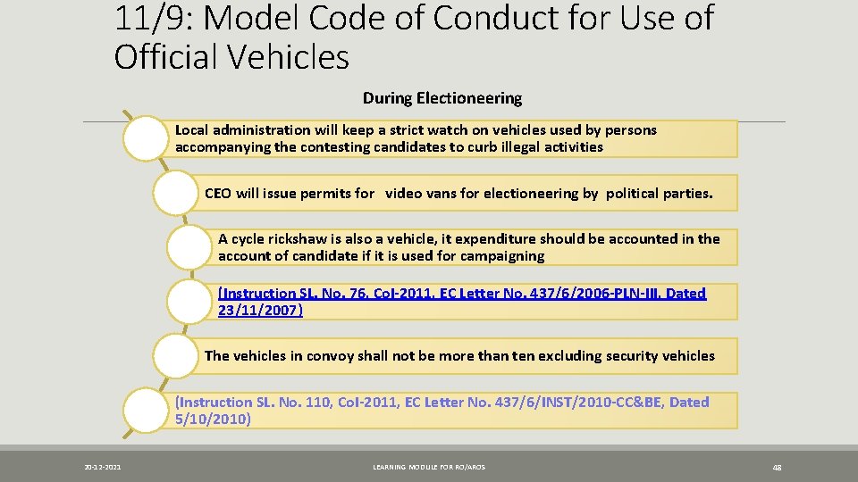 11/9: Model Code of Conduct for Use of Official Vehicles During Electioneering Local administration