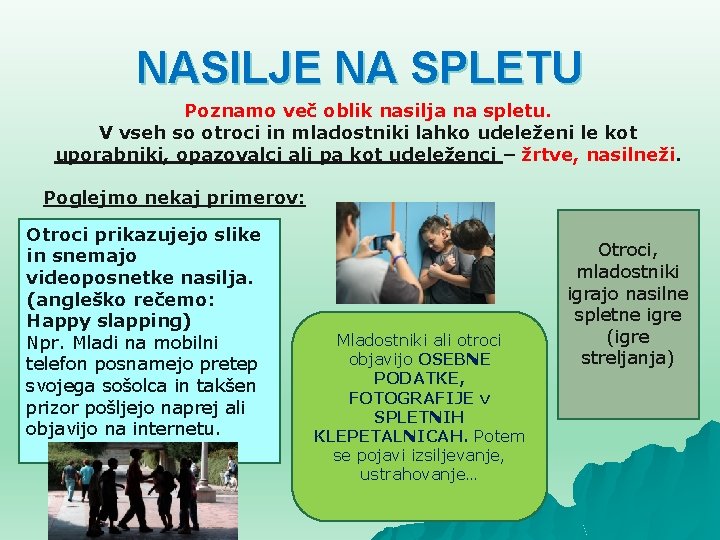 NASILJE NA SPLETU Poznamo več oblik nasilja na spletu. V vseh so otroci in