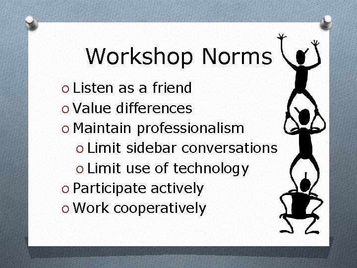 Workshop Norms O Listen as a friend O Value differences O Maintain professionalism O