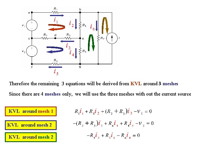 Therefore the remaining 3 equations will be derived from KVL around 3 meshes Since