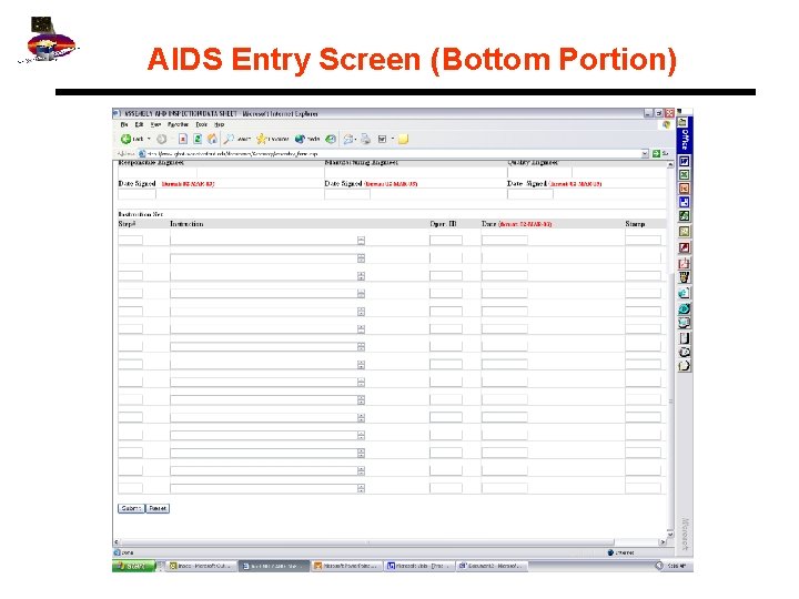 AIDS Entry Screen (Bottom Portion) 