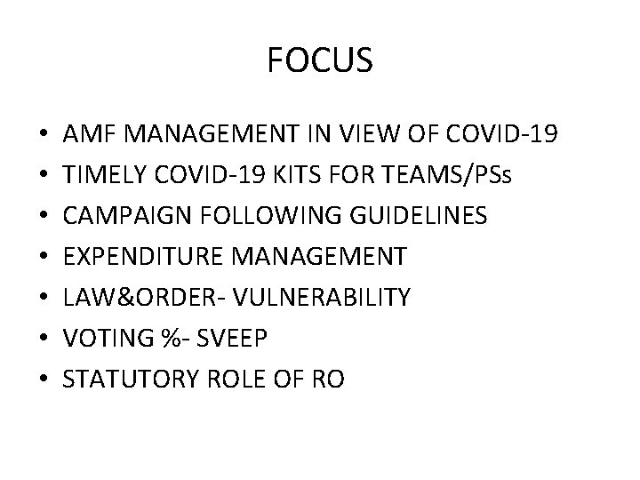 FOCUS • • AMF MANAGEMENT IN VIEW OF COVID-19 TIMELY COVID-19 KITS FOR TEAMS/PSs