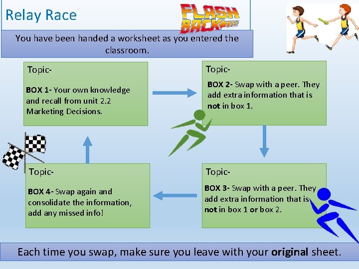 Relay Race You have been handed a worksheet as you entered the classroom. Topic.