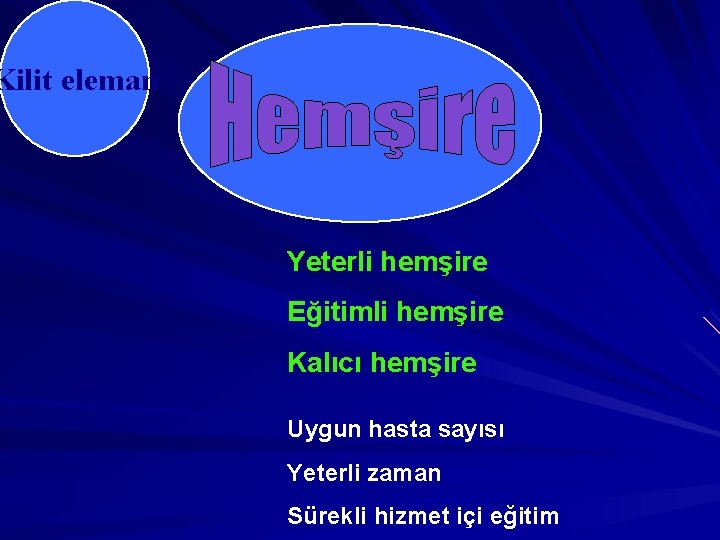 Kilit eleman Yeterli hemşire Eğitimli hemşire Kalıcı hemşire Uygun hasta sayısı Yeterli zaman Sürekli