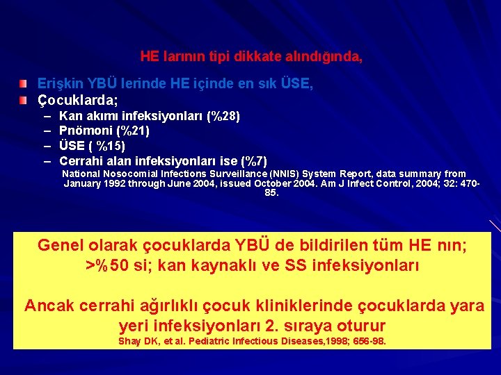 HE larının tipi dikkate alındığında, Erişkin YBÜ lerinde HE içinde en sık ÜSE, Çocuklarda;