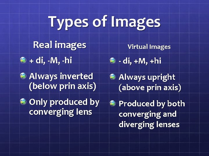 Types of Images Real images Virtual Images + di, -M, -hi - di, +M,