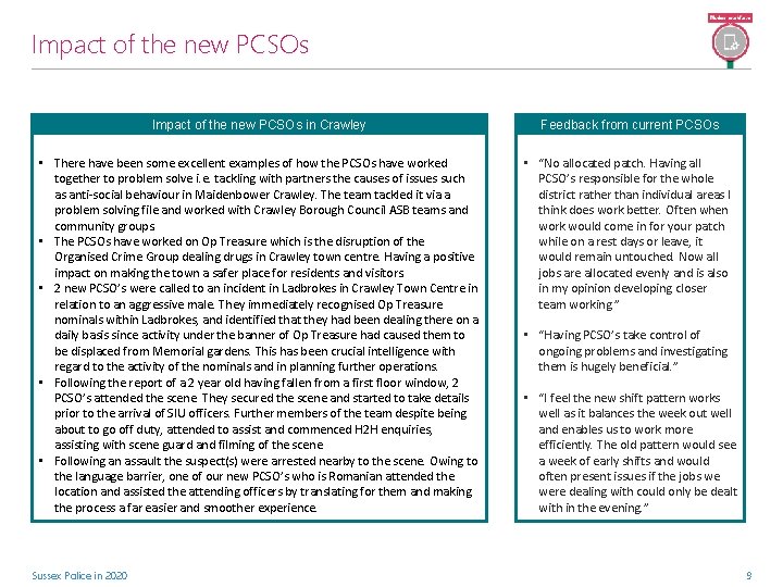 Impact of the new PCSOs in Crawley Feedback from current PCSOs • There have