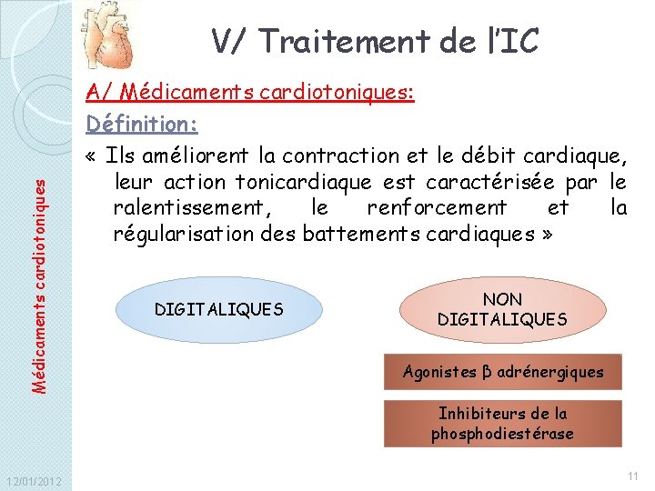 Médicaments cardiotoniques V/ Traitement de l’IC A/ Médicaments cardiotoniques: Définition: « Ils améliorent la