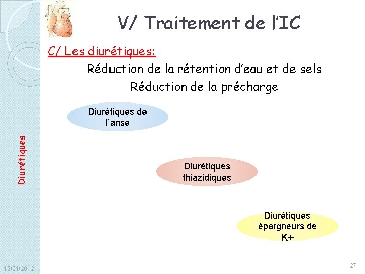 V/ Traitement de l’IC C/ Les diurétiques: Réduction de la rétention d’eau et de