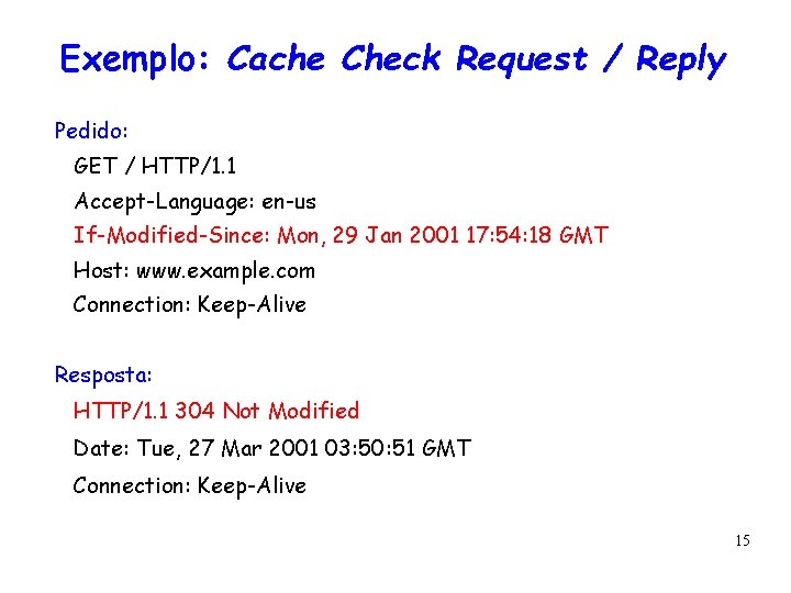 Exemplo: Cache Check Request / Reply Pedido: GET / HTTP/1. 1 Accept-Language: en-us If-Modified-Since: