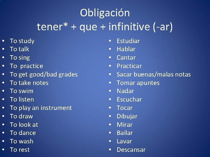 Obligación tener* + que + infinitive (-ar) • • • • To study To Obligación tener* + que + infinitive (-ar) • • • • To study To