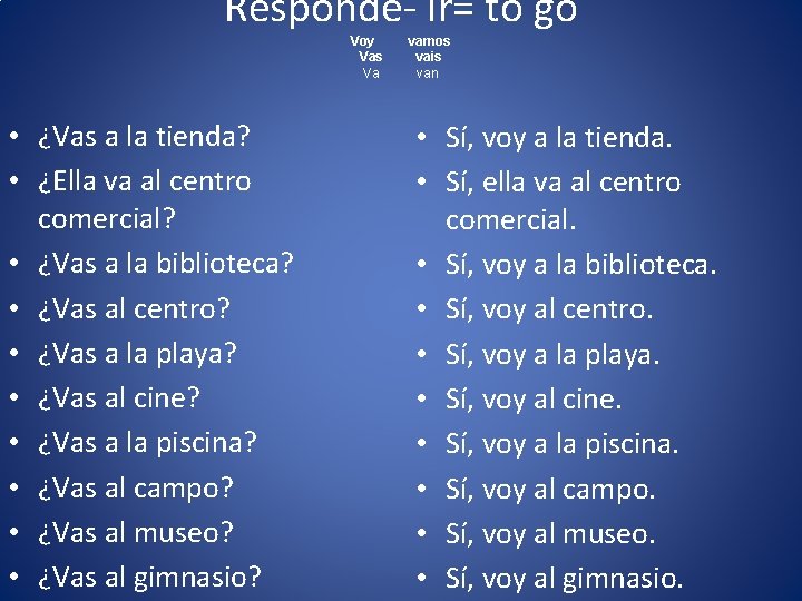 Responde- ir= to go Voy Vas Va • ¿Vas a la tienda? • ¿Ella