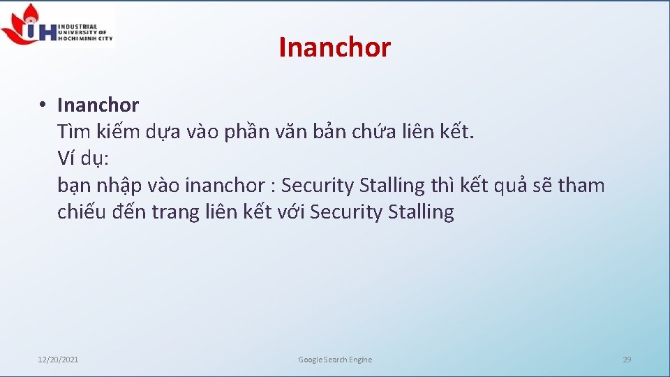 Inanchor • Inanchor Tìm kiếm dựa vào phần văn bản chứa liên kết. Ví