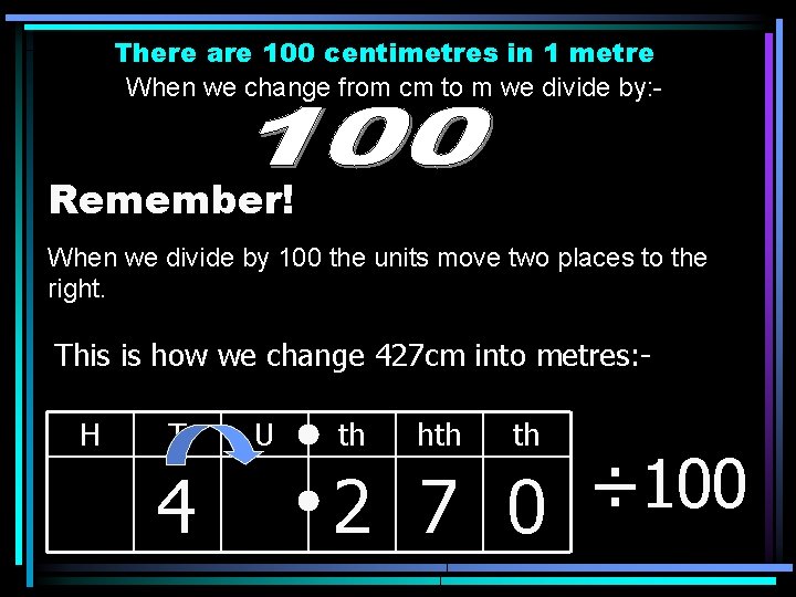 There are 100 centimetres in 1 metre When we change from cm to m