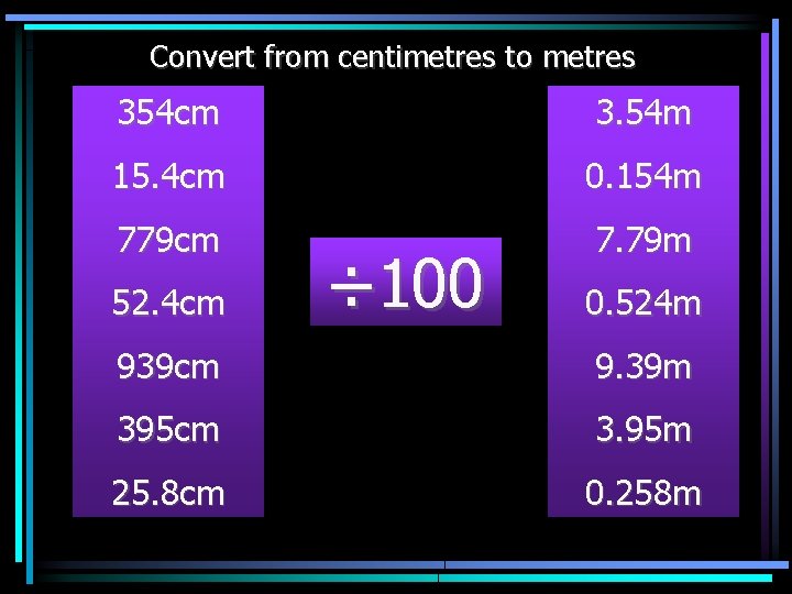 Convert from centimetres to metres 354 cm 3. 54 m 15. 4 cm 0.