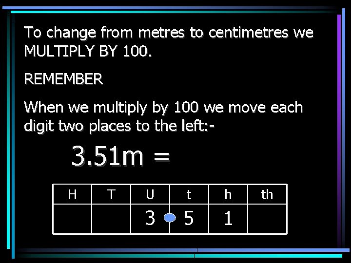 To change from metres to centimetres we MULTIPLY BY 100. REMEMBER When we multiply