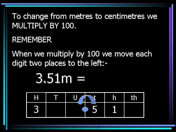 To change from metres to centimetres we MULTIPLY BY 100. REMEMBER When we multiply