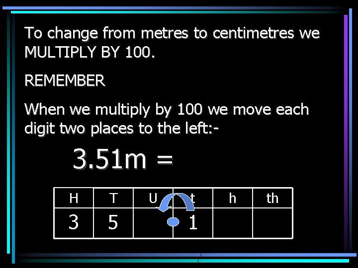 To change from metres to centimetres we MULTIPLY BY 100. REMEMBER When we multiply