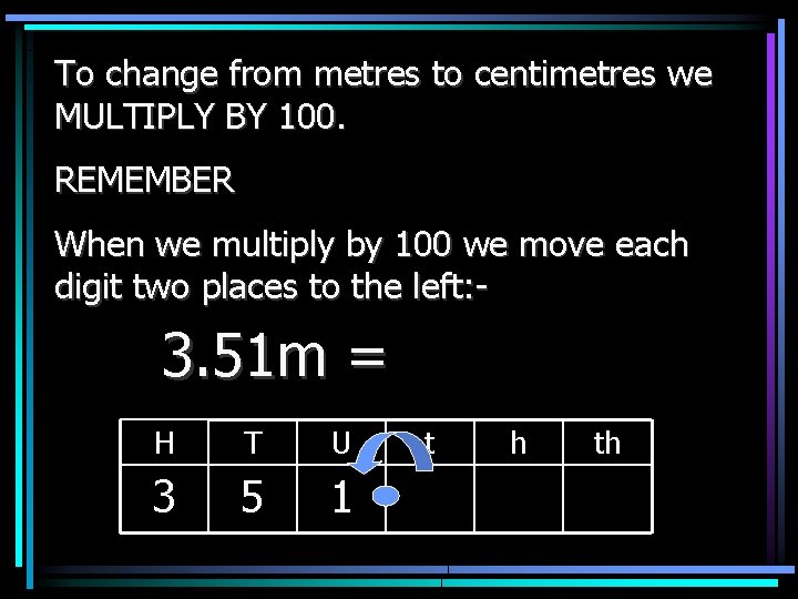 To change from metres to centimetres we MULTIPLY BY 100. REMEMBER When we multiply