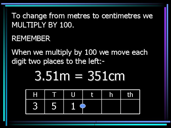 To change from metres to centimetres we MULTIPLY BY 100. REMEMBER When we multiply