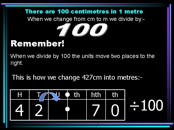 There are 100 centimetres in 1 metre When we change from cm to m