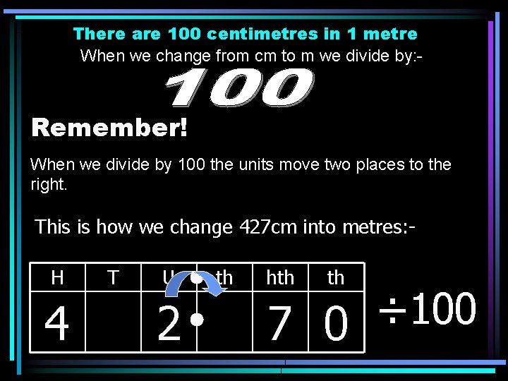 There are 100 centimetres in 1 metre When we change from cm to m