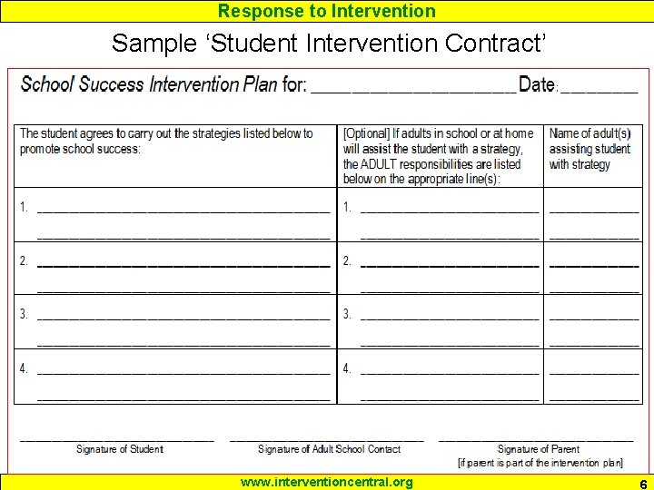 Response to Intervention Sample ‘Student Intervention Contract’ www. interventioncentral. org 6 Response to Intervention Sample ‘Student Intervention Contract’ www. interventioncentral. org 6