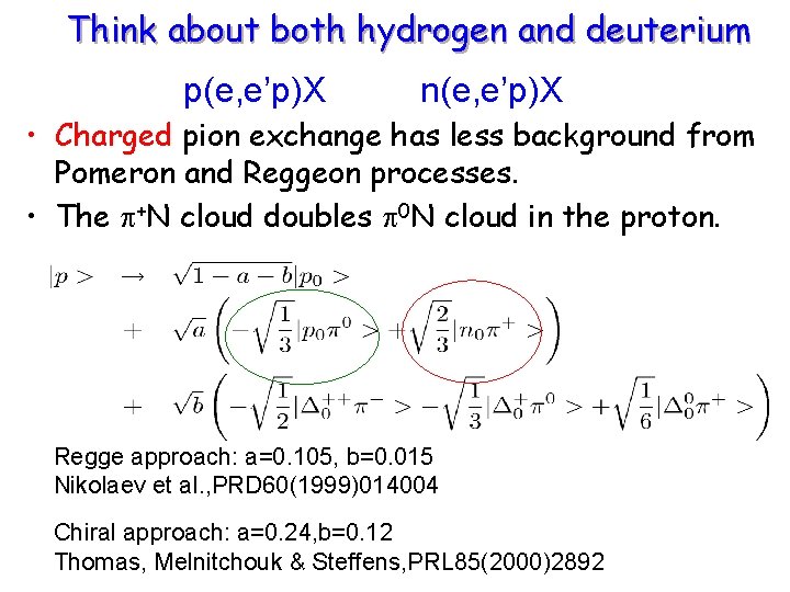 Think about both hydrogen and deuterium p(e, e’p)X n(e, e’p)X • Charged pion exchange