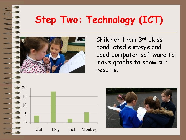 Step Two: Technology (ICT) Children from 3 rd class conducted surveys and used computer