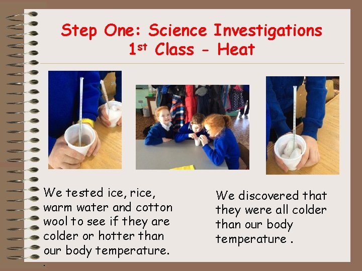 Step One: Science Investigations 1 st Class - Heat We tested ice, rice, warm