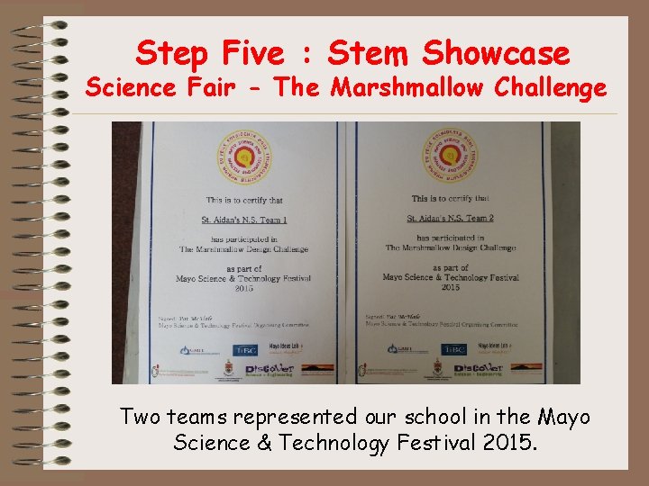 Step Five : Stem Showcase Science Fair - The Marshmallow Challenge Two teams represented