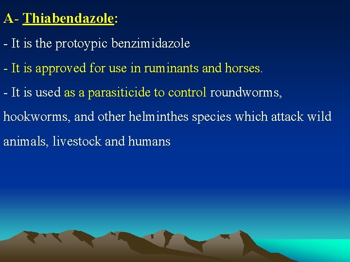 A- Thiabendazole: - It is the protoypic benzimidazole - It is approved for use