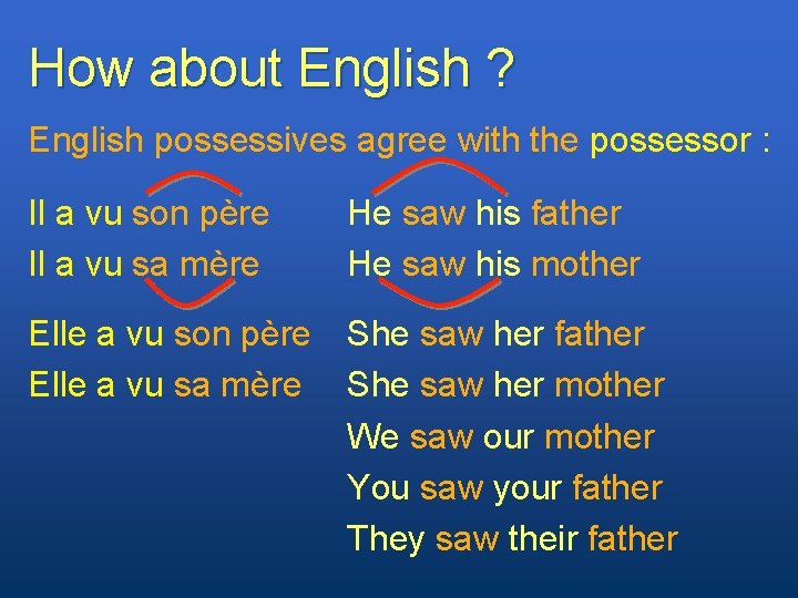 How about English ? English possessives agree with the possessor : Il a vu