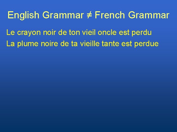 English Grammar ≠ French Grammar Le crayon noir de ton vieil oncle est perdu