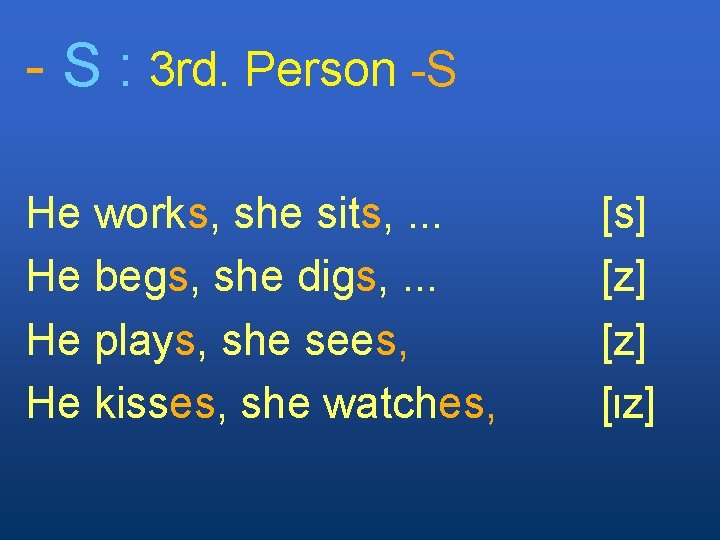 - S : 3 rd. Person -S He works, she sits, . . .