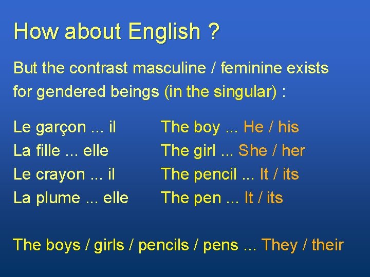 How about English ? But the contrast masculine / feminine exists for gendered beings