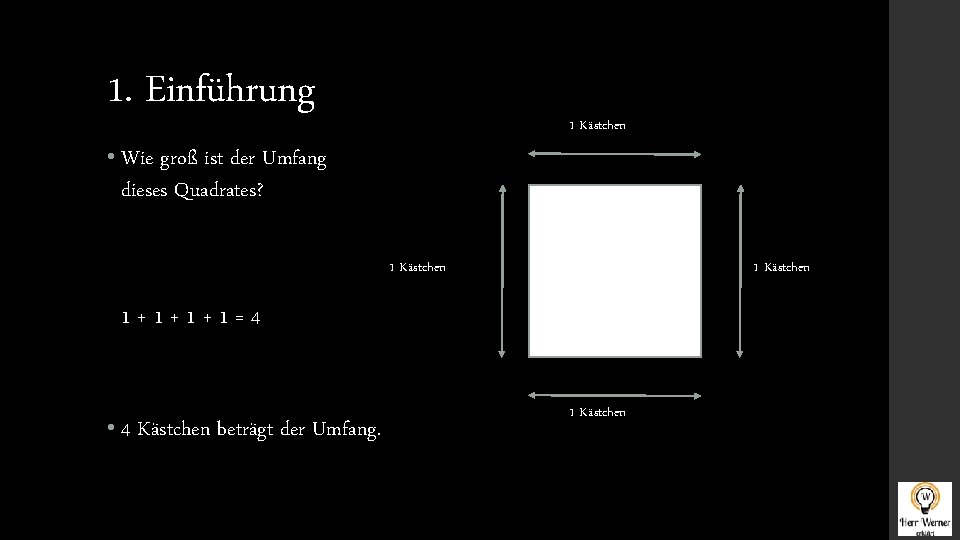 1. Einführung 1 Kästchen • Wie groß ist der Umfang dieses Quadrates? 1 Kästchen