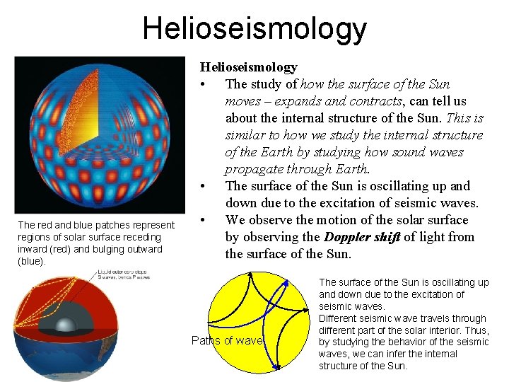 Helioseismology The red and blue patches represent regions of solar surface receding inward (red)