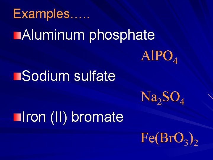 Examples…. . Aluminum phosphate Al. PO 4 Sodium sulfate Na 2 SO 4 Iron Examples…. . Aluminum phosphate Al. PO 4 Sodium sulfate Na 2 SO 4 Iron