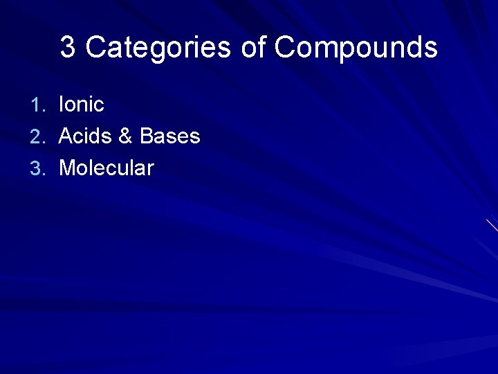 3 Categories of Compounds 1. Ionic 2. Acids & Bases 3. Molecular 3 Categories of Compounds 1. Ionic 2. Acids & Bases 3. Molecular