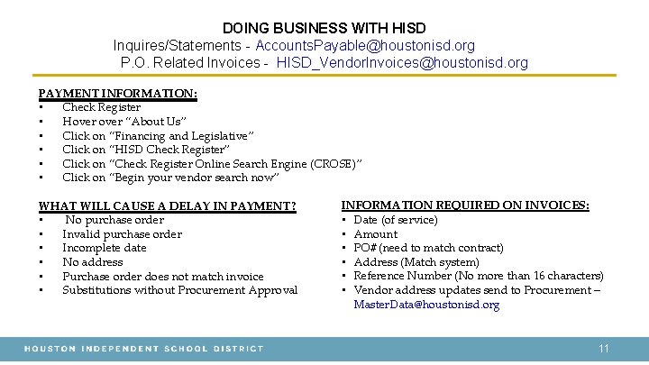 DOING BUSINESS WITH HISD Inquires/Statements - Accounts. Payable@houstonisd. org P. O. Related Invoices -