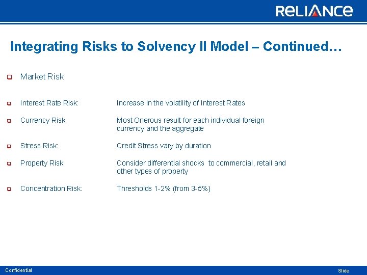 Integrating Risks to Solvency II Model – Continued… q Market Risk q Interest Rate