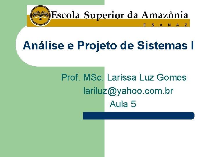 Análise e Projeto de Sistemas I Prof. MSc. Larissa Luz Gomes lariluz@yahoo. com. br