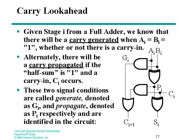 Carry Lookahead § Given Stage i from a Full Adder, we know that there