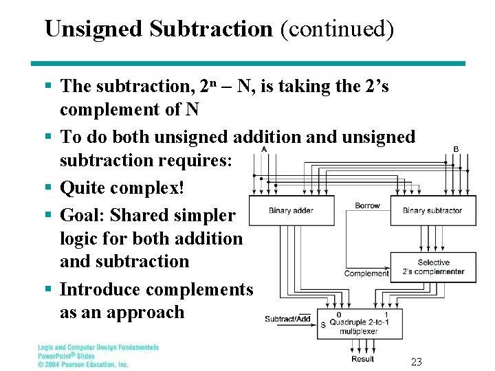 Unsigned Subtraction (continued) § The subtraction, 2 n N, is taking the 2’s complement