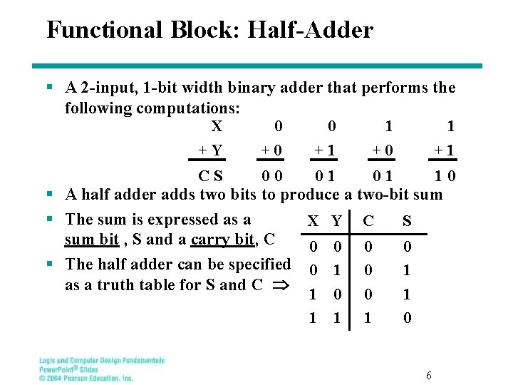 Functional Block: Half-Adder § A 2 -input, 1 -bit width binary adder that performs