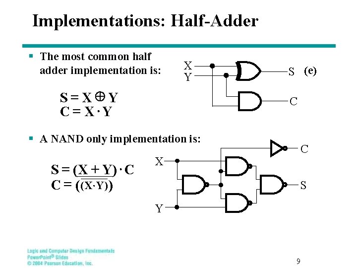 Implementations: Half-Adder § The most common half adder implementation is: X Y S =