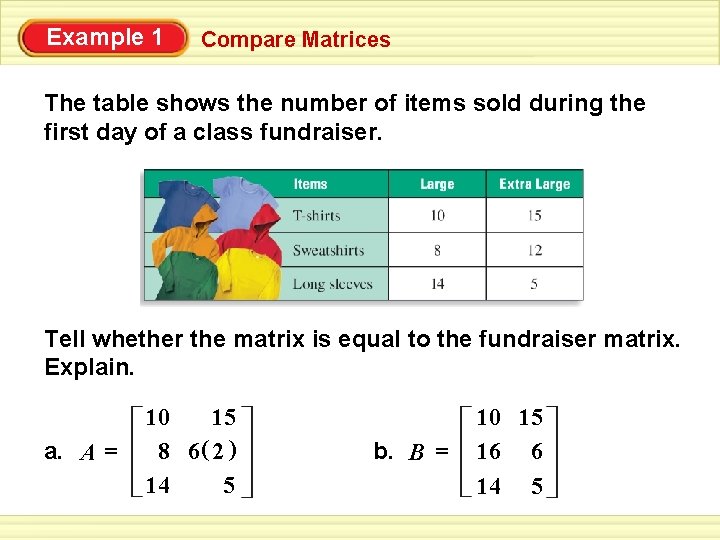 Example 1 Compare Matrices The table shows the number of items sold during the